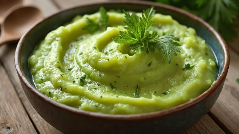 Tazón de cremoso puré de papas verdes con hojas de perejil